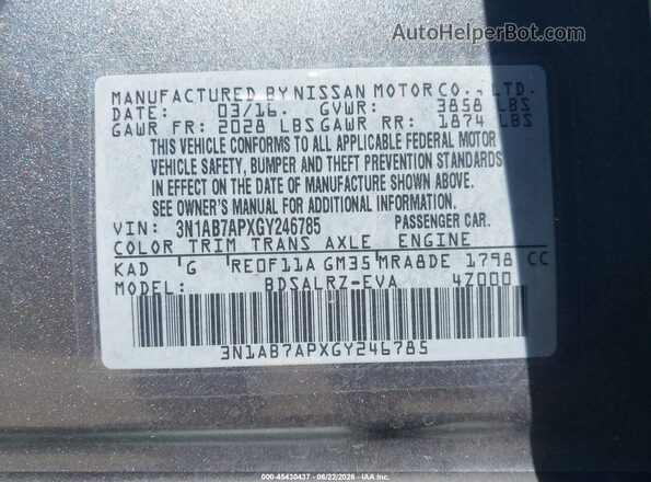 3N1AB7APXGY246785 2016 NISSAN SENTRA Gray Engine compartment view
