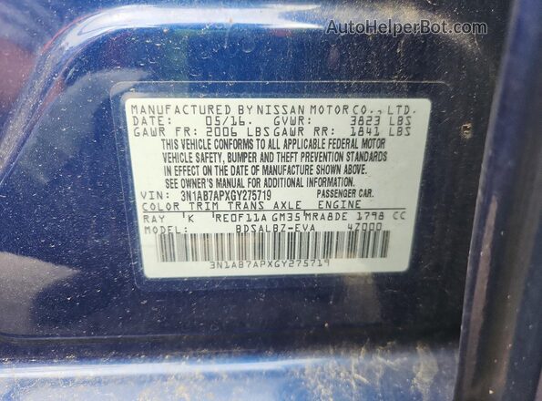 3N1AB7APXGY275719 2016 NISSAN SENTRA Blue Widok naklejki z numerem VIN
