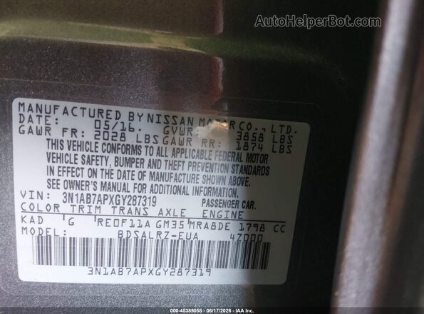 3N1AB7APXGY287319 2016 NISSAN SENTRA Gray Widok komory silnika