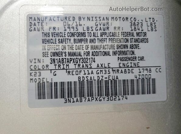 3N1AB7APXGY302174 2016 NISSAN SENTRA Silver Вид підкапотного простору