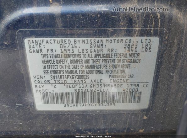 3N1AB7APXGY306029 2016 NISSAN SENTRA Blue 