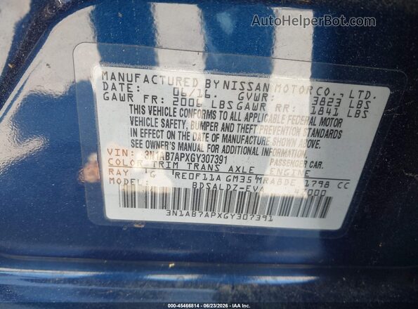 3N1AB7APXGY307391 2016 NISSAN SENTRA Blue ძრავის განყოფილების ხედი