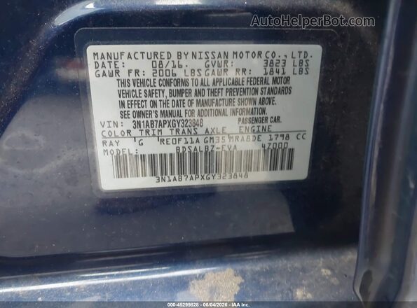 3N1AB7APXGY323848 2016 NISSAN SENTRA Blue Vista del compartimento del motor