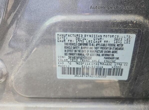 3N1AB7APXGY330332 2016 NISSAN SENTRA Silver Widok komory silnika