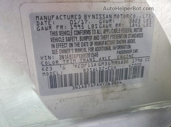 3N1AB7APXHY261546 2017 NISSAN SENTRA Серебряный Вид наклейки с VIN-кодом