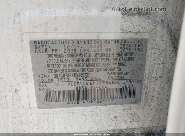 3N1AB7APXHY269727 2017 NISSAN SENTRA White Widok komory silnika