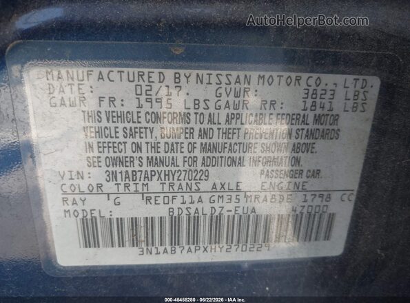 3N1AB7APXHY270229 2017 NISSAN SENTRA Blue Շարժիչի բաժամունքի տեսք