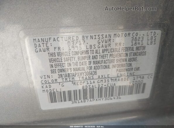 3N1AB7APXHY306436 2017 NISSAN SENTRA Gray Engine compartment view