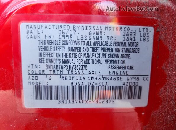 3N1AB7APXHY362375 2017 NISSAN SENTRA Красный Вид подкапотного пространства
