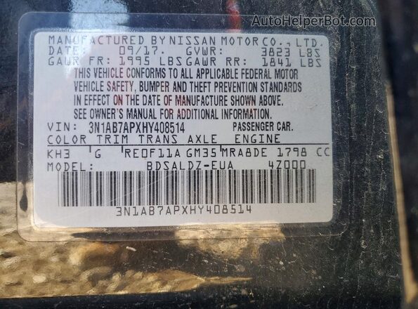 3N1AB7APXHY408514 2017 NISSAN SENTRA Black ძრავის განყოფილების ხედი
