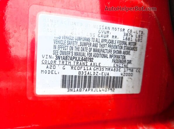 3N1AB7APXJL640792 2018 NISSAN SENTRA Red ძრავის განყოფილების ხედი