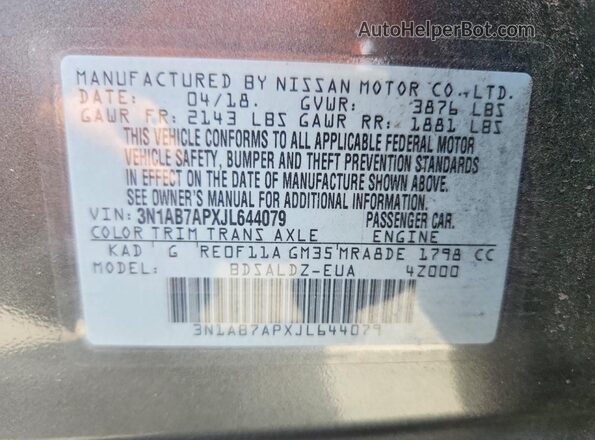 3N1AB7APXJL644079 2018 NISSAN SENTRA Gray Շարժիչի բաժամունքի տեսք