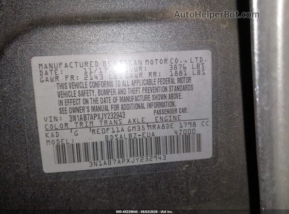3N1AB7APXJY232943 2018 NISSAN SENTRA Gray Widok komory silnika