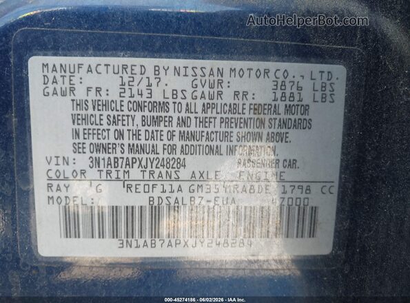 3N1AB7APXJY248284 2018 NISSAN SENTRA Blue Vista del compartimento del motor