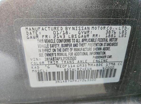 3N1AB7APXJY263500 2018 NISSAN SENTRA Gray VIN sticker view