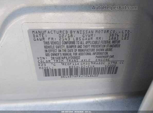 3N1AB7APXJY268602 2018 NISSAN SENTRA Silver ძრავის განყოფილების ხედი