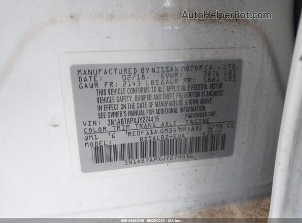 3N1AB7APXJY274416 2018 NISSAN SENTRA White ძრავის განყოფილების ხედი