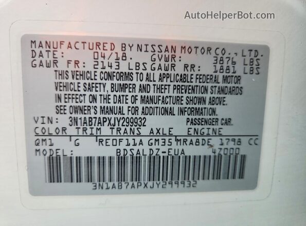 3N1AB7APXJY299932 2018 NISSAN SENTRA Белый Вид наклейки с VIN-кодом