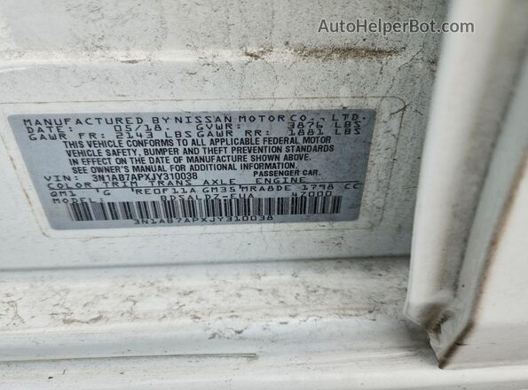 3N1AB7APXJY310038 2018 NISSAN SENTRA White Вид підкапотного простору