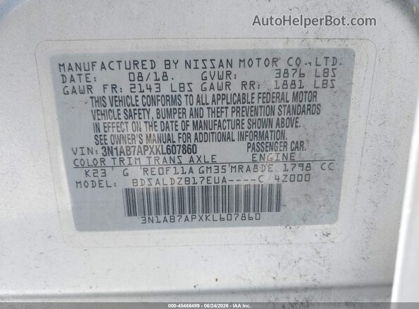 3N1AB7APXKL607860 2019 NISSAN SENTRA Silver Շարժիչի բաժամունքի տեսք