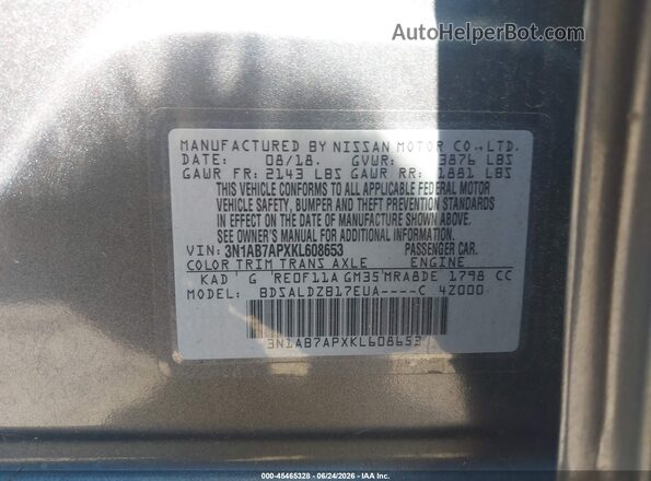 3N1AB7APXKL608653 2019 NISSAN SENTRA Gray Vista del compartimento del motor
