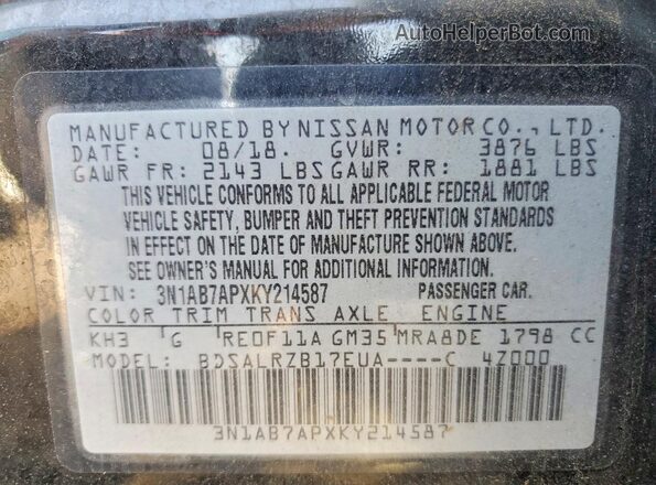 3N1AB7APXKY214587 2019 NISSAN SENTRA Black Vista del compartimento del motor