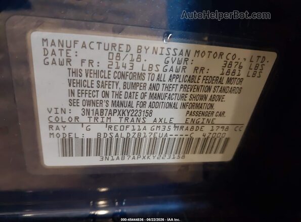 3N1AB7APXKY223158 2019 NISSAN SENTRA Синий Вид подкапотного пространства