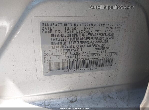 3N1AB7APXKY241014 2019 NISSAN SENTRA Silver ძრავის განყოფილების ხედი