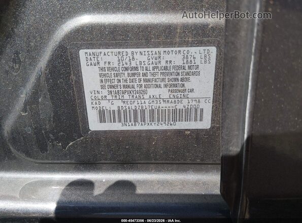 3N1AB7APXKY249260 2019 NISSAN SENTRA Gray Շարժիչի բաժամունքի տեսք