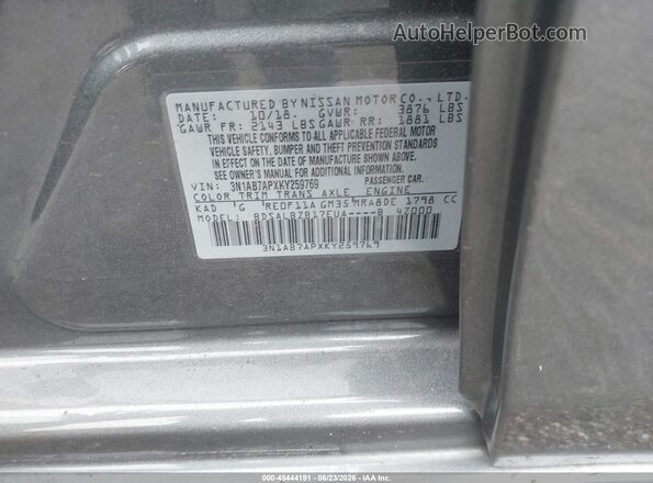 3N1AB7APXKY259769 2019 NISSAN SENTRA Gray Engine compartment view