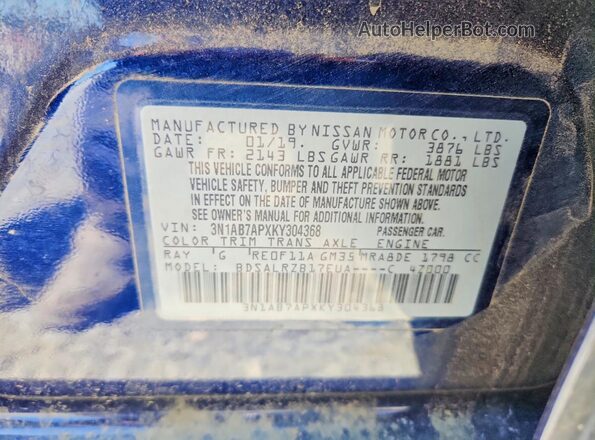 3N1AB7APXKY304368 2019 NISSAN SENTRA Blue 
