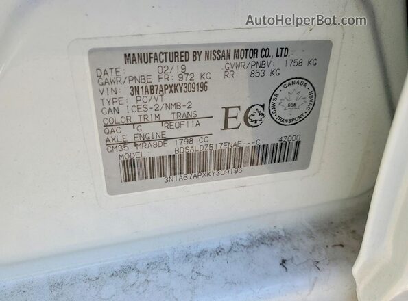 3N1AB7APXKY309196 2019 NISSAN SENTRA Белый 