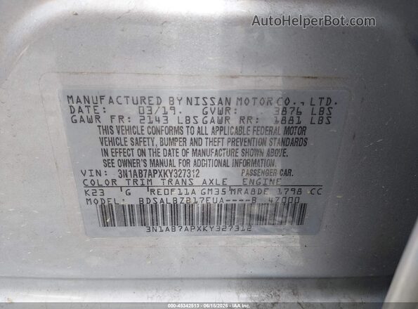 3N1AB7APXKY327312 2019 NISSAN SENTRA Серебряный Вид подкапотного пространства