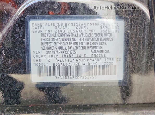 3N1AB7APXKY351755 2019 NISSAN SENTRA Black 