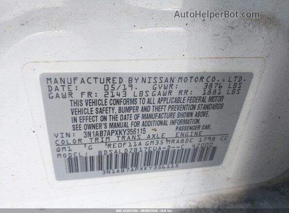 3N1AB7APXKY356115 2019 NISSAN SENTRA White Vista del compartimento del motor