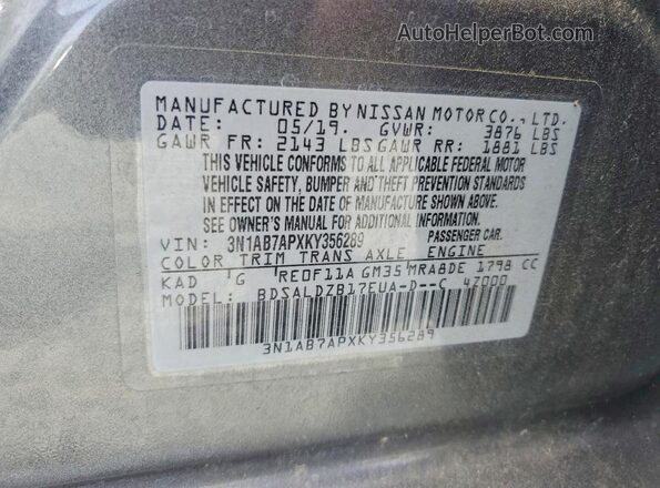 3N1AB7APXKY356289 2019 NISSAN SENTRA Gray Շարժիչի բաժամունքի տեսք