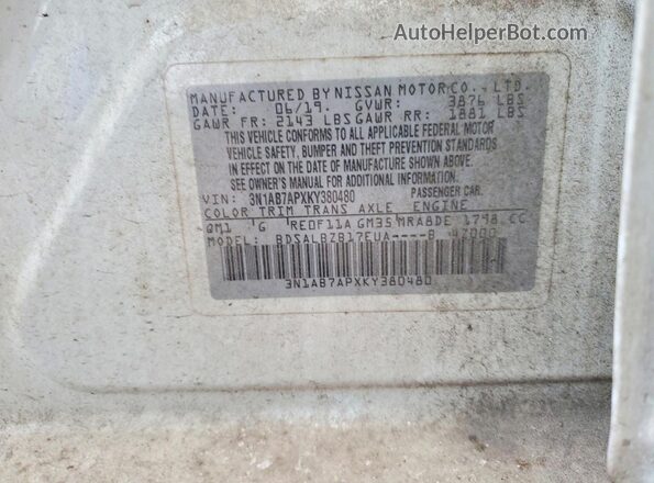 3N1AB7APXKY380480 2019 NISSAN SENTRA White Вид підкапотного простору
