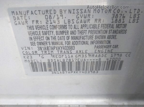 3N1AB7APXKY403983 2019 NISSAN SENTRA Серебряный Вид подкапотного пространства
