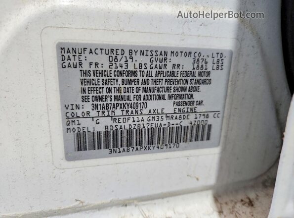 3N1AB7APXKY409170 2019 NISSAN SENTRA Белый 