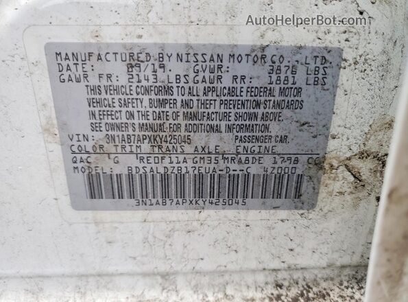 3N1AB7APXKY425045 2019 NISSAN SENTRA White 