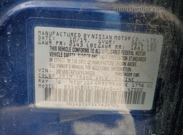 3N1AB7APXKY434926 2019 NISSAN SENTRA Blue Widok naklejki z numerem VIN