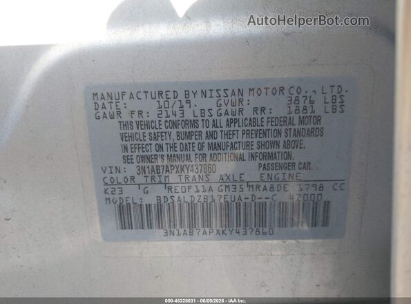 3N1AB7APXKY437860 2019 NISSAN SENTRA Silver Widok komory silnika