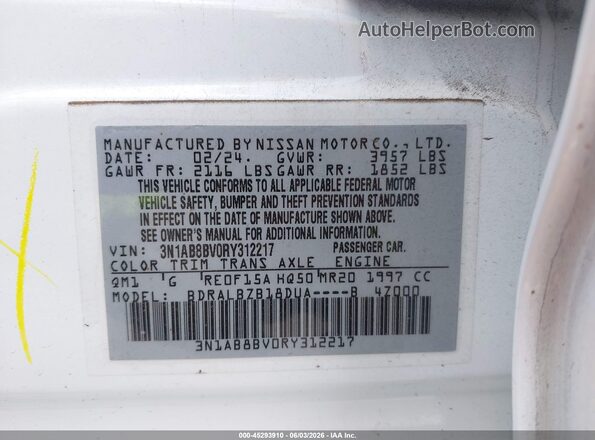 3N1AB8BV0RY312217 2024 NISSAN SENTRA White Շարժիչի բաժամունքի տեսք