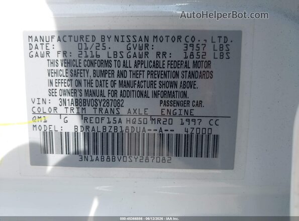 3N1AB8BV0SY287082 2025 NISSAN SENTRA White ძრავის განყოფილების ხედი