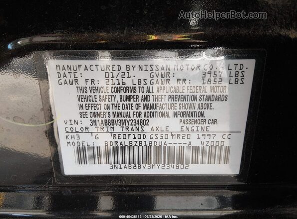3N1AB8BV3MY234802 2021 NISSAN SENTRA Black ძრავის განყოფილების ხედი
