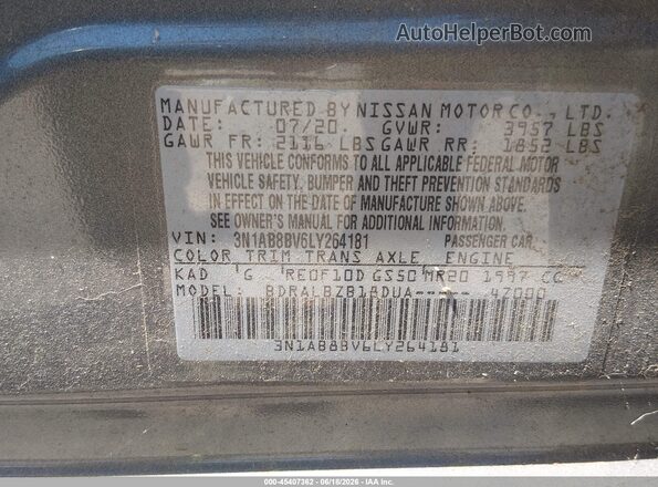 3N1AB8BV6LY264181 2020 NISSAN SENTRA Gray Engine compartment view