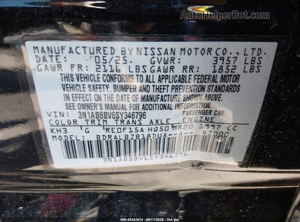 3N1AB8BV6SY346796 2025 NISSAN SENTRA Black ძრავის განყოფილების ხედი