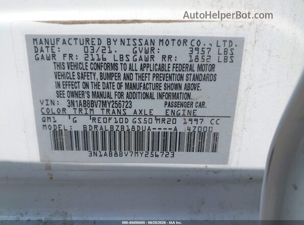 3N1AB8BV7MY256723 2021 NISSAN SENTRA White Вид підкапотного простору