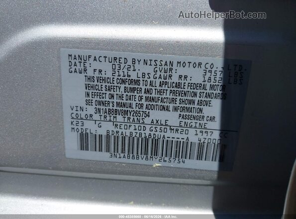 3N1AB8BV8MY265754 2021 NISSAN SENTRA Silver Engine compartment view