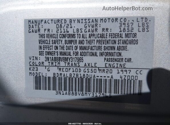 3N1AB8BV8MY317965 2021 NISSAN SENTRA Silver Շարժիչի բաժամունքի տեսք